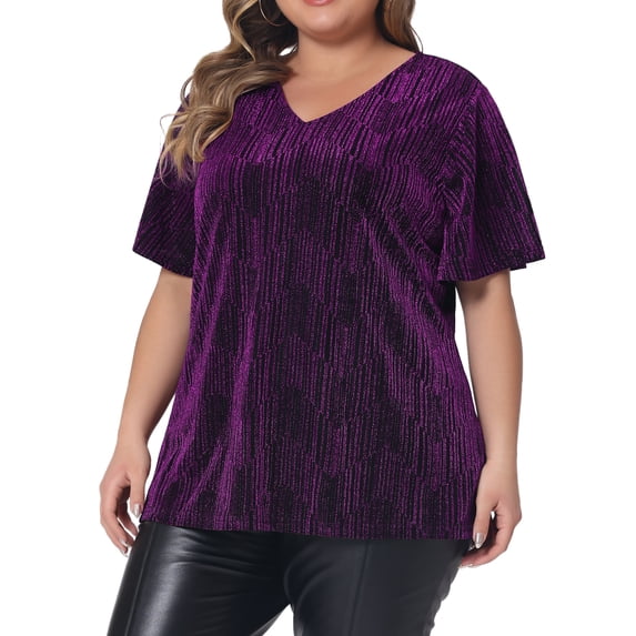 Agnes Orinda Women's Plus Size Blouses V Neck Metallic Short Sleeve T-Shirt Party Tops 4X Purple