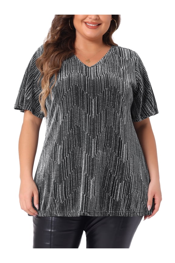 Women's Plus Size Blouses V Neck Metallic Short Sleeve T-Shirt Party Tops 5X Silver