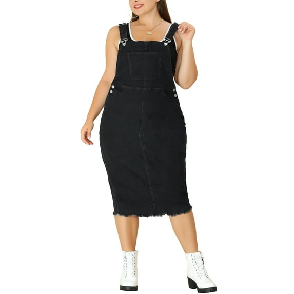 Agnes Orinda Women's Plus Size Easter Adjustable Strap Back Slit Overall Bodycon Jean Denim Midi Dresses 2X Black