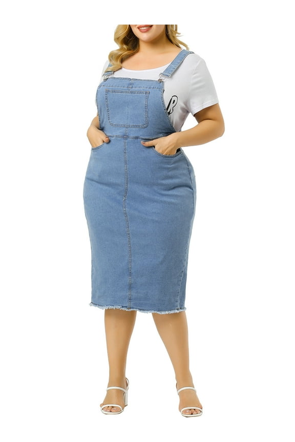 Women's Plus Size Adjustable Strap Back Slit Overall Bodycon Jean Denim Midi Dresses 2X Light Blue