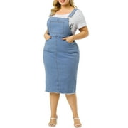 Agnes Orinda Womens Plus Size Easter Adjustable Strap Back Slit Overall Bodycon Jean Denim Midi Dresses 2X Light Blue