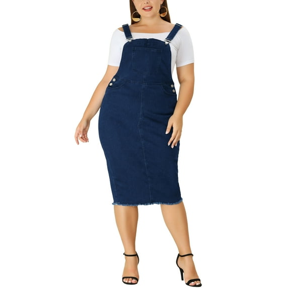 Agnes Orinda Women's Plus Size Mother's Day Easter Adjustable Strap Back Slit Overall Bodycon Jean Denim Midi Dresses 4X Black Blue