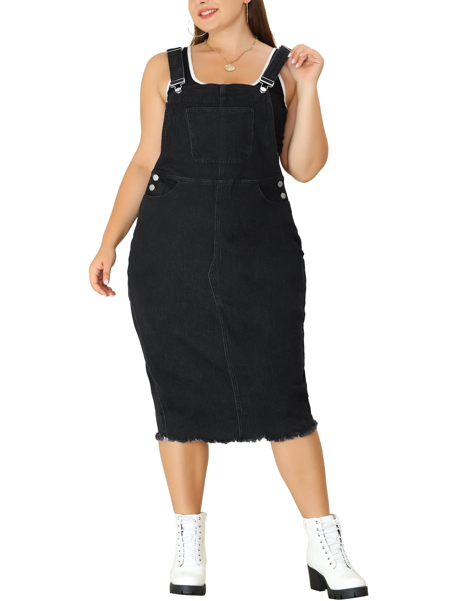 Agnes Orinda Women's Plus Size Bodycon Back Vent Raw Hem Denim Midi