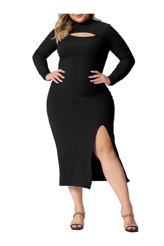 Women's Plus Size Dresses Mock Neck Cut Out Front Slim Bodycon Dress 1X Black
