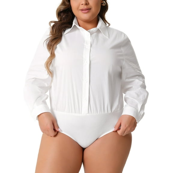 FAB CURVES Women's Plus Size Bodysuits Button Down Long Sleeve Office Bodysuits Blouse Tops 3X White