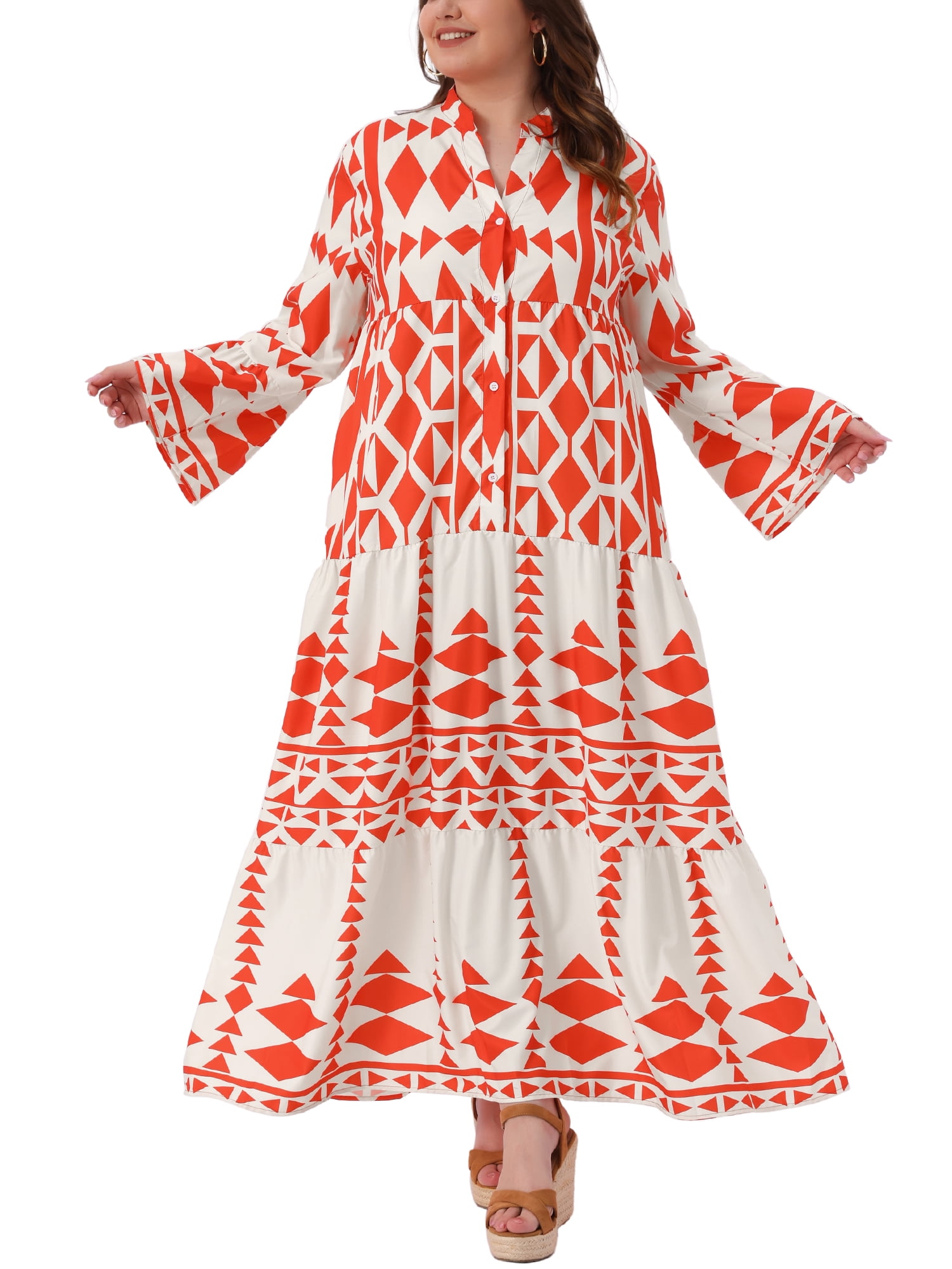 Agnes Orinda Women's Plus Size Bohe Dress Pattern Flowy Button Flared Bell  Long Sleeve Tiered Casual Fall A Line Maxi Dress 1X Red - Walmart.com