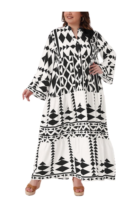 Women's Plus Size Bohe Dress Pattern Flowy Button Flared Bell Long Sleeve Tiered Casual Fall A Line Maxi Dress 3X Black