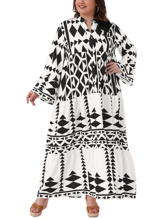 Women's Plus Size Halloween Outfits Bohe Dress Geometric Pattern Flowy Button Flared Bell Long Sleeve Tiered Casual Fall A Line Maxi Dress 4X Black