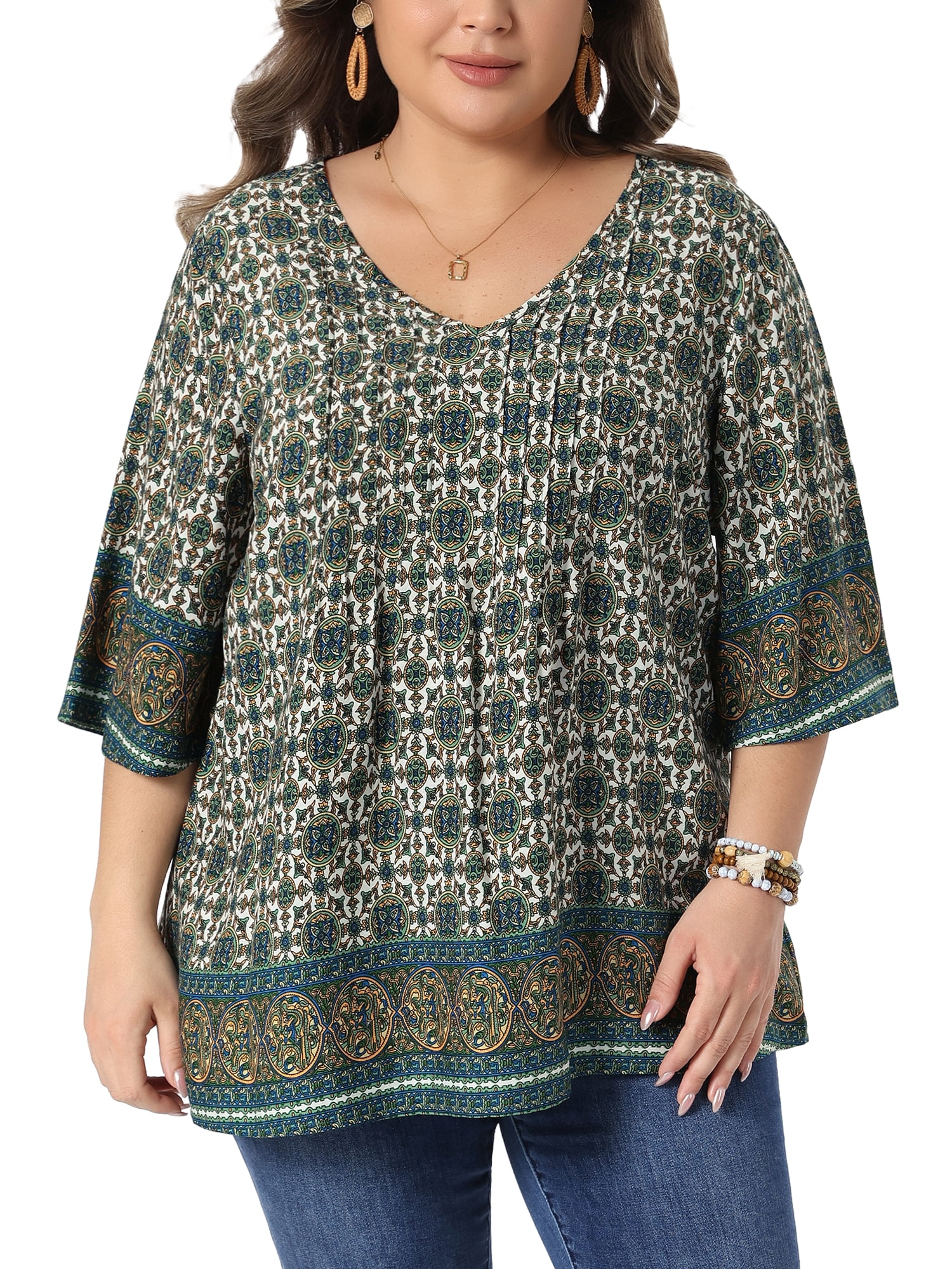 Agnes Orinda Women's Plus Size Bohe Tops Floral Print V Neck 3/4 Sleeve ...