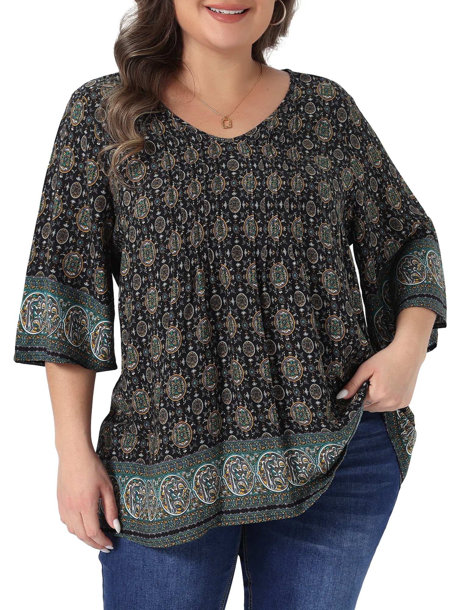Agnes Orinda Women's Plus Size Bohe Tops Floral Print V Neck 3/4 Sleeve ...