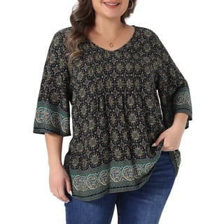 Agnes Orinda Women's Plus Size School College Bohe Tops Floral Print V Neck 3/4 Sleeve Dressy Top Casual Work Tunic Blouses 2X Black