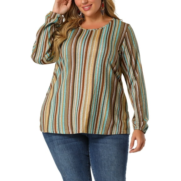 Agnes Orinda Women's Plus Size Boho Color Block Stripe Long Sleeves Elastic Cuff Shirt 3X Multicolor