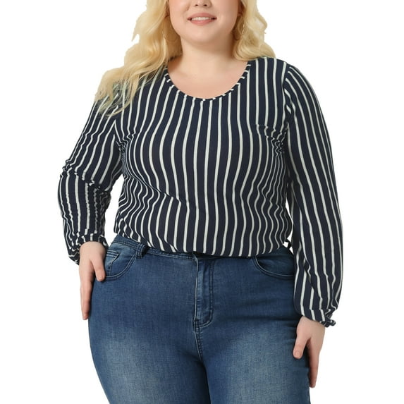 Agnes Orinda Women's Plus Size Boho Color Block Stripe Long Sleeves Elastic Cuff Shirt 3X Navy Blue