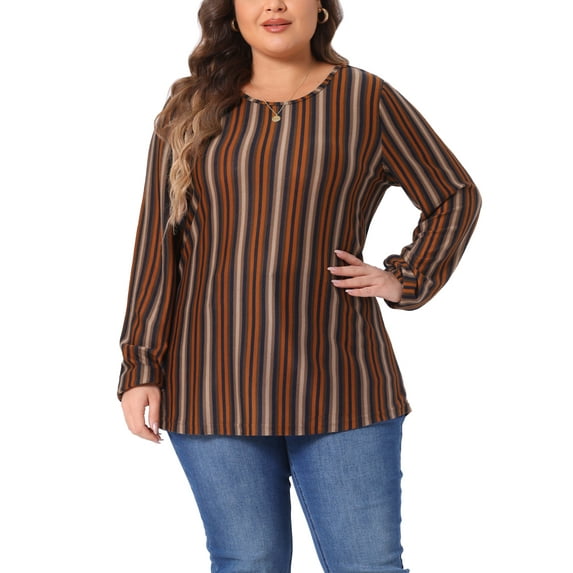 Agnes Orinda Women's Plus Size Boho Color Block Stripe Long Sleeves Elastic Cuff Shirt 4X Orange