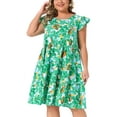 thumbnail image 1 of Agnes Orinda Women's Plus Size Boho Dress Floral Print Tiered Ruffle Flutter Sleeves Round Neck Summer Babydoll Dress 1X Green, 1 of 6
