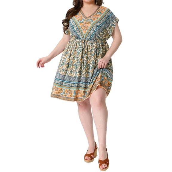 Agnes Orinda Women's Plus Size Boho Dress Floral V Neck Drop Shoulder Drawstring Waist Beach Dresses 3X Beige