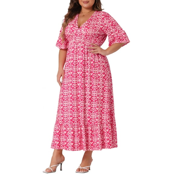 Agnes Orinda Women's Plus Size Boho Dresses V Neck Bell Half Sleeves Ruffled Hem A Line Maxi Dresses 2X Hot Pink