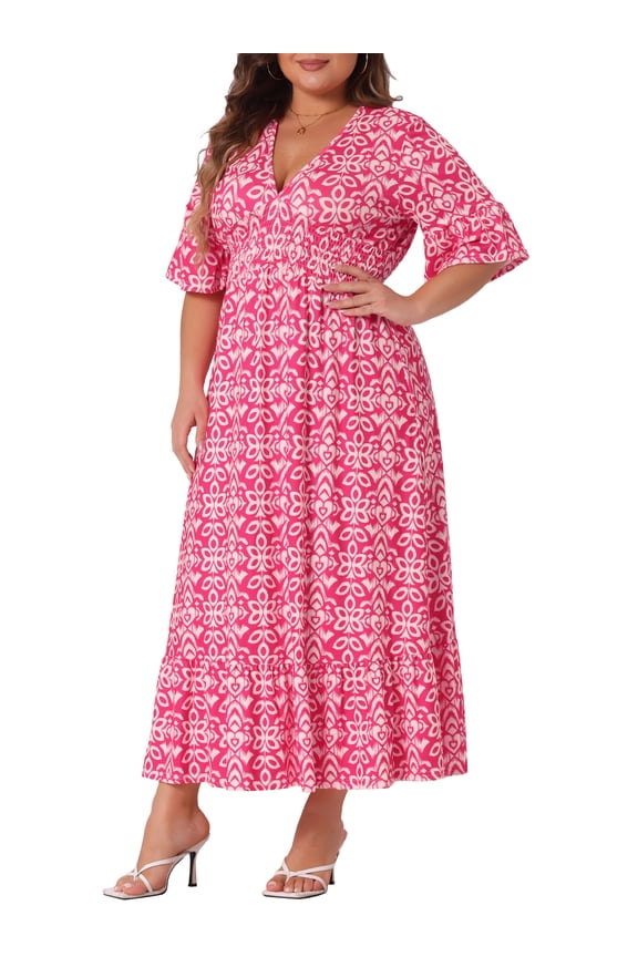 Women's Plus Size Boho Dresses V Neck Bell Half Sleeves Ruffled Hem A Line Maxi Dresses 2X Hot Pink