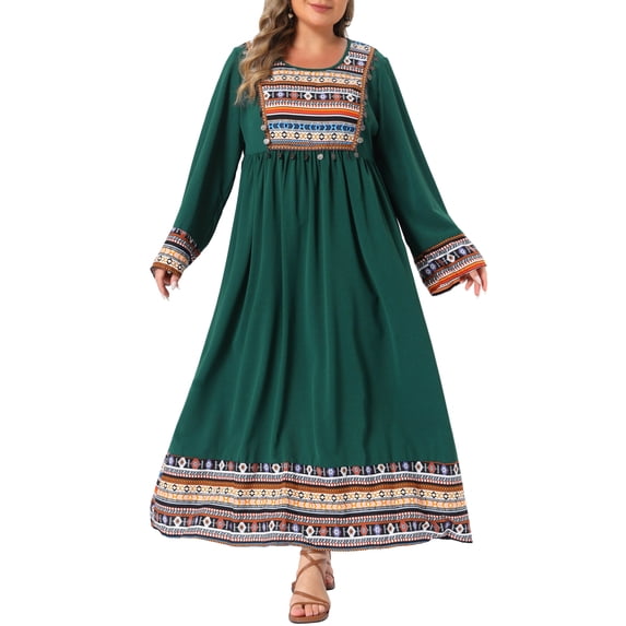Agnes Orinda Women's Plus Size Boho Maxi Dress Metallic Tassel Long Sleeve Crew Neck Geometric Print Flowy Tiered Holiday Beach A-Line Dresses 1X Dark Green