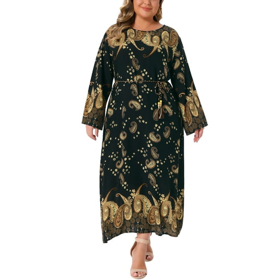 Agnes Orinda Women's Plus Size Boho Maxi Dress Pattern Crew Neck Long Sleeve Belt Casual A Line Flowy Maxi Dresses 1X Black