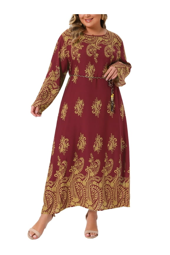 Women's Plus Size Boho Maxi Dress Pattern Crew Neck Long Sleeve Belt Casual A Line Flowy Maxi Dresses 3X Burgundy
