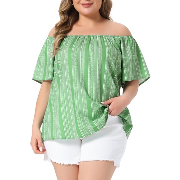 Agnes Orinda Women's Plus Size Boho Off Shoulder Short Sleeve Print Holiday Blouse 1X Light Green