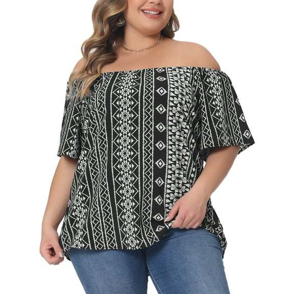 Agnes Orinda Women's Plus Size Boho Off Shoulder Short Sleeve Print Holiday Blouse 4X Black