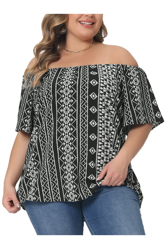 Women's Plus Size Boho Off Shoulder Short Sleeve Print Holiday Blouse 4X Black