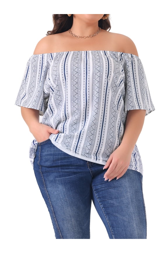 Women's Plus Size Boho Off Shoulder Short Sleeve Print Holiday Blouse 1X White