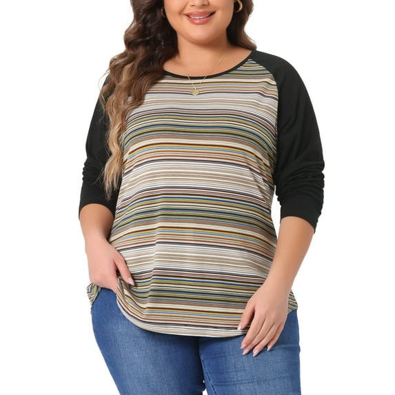 Agnes Orinda Women's Plus Size Boho Relaxed Fit Blouse Color Block Long Sleeve Top 1X Green