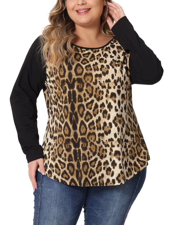 Women's Plus Size Blouse Long Sleeve Leopard Boho Stripes Casual Raglan Top 3X Leopard Black