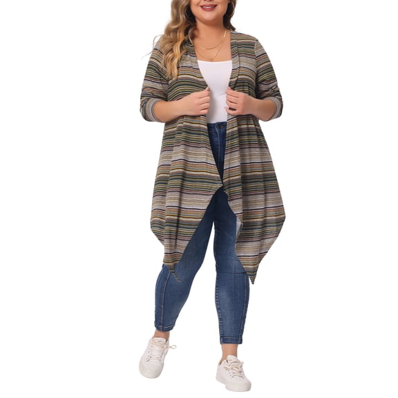 Agnes Orinda Women's Plus Size Boho Long Sleeve Open Front Sweater Long Cardigan 1X Yellow Brown