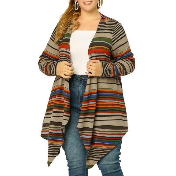 Agnes Orinda Women's Plus Size Boho Long Sleeve Open Front Sweater Long Cardigan 3X Brown