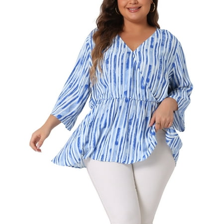 Agnes Orinda Women's Plus Size Boho Striped Peplum Long Sleeve Top 2X Light Blue