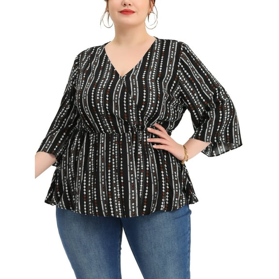 Agnes Orinda Women's Plus Size Boho Striped Peplum Long Sleeve Top 4X Black