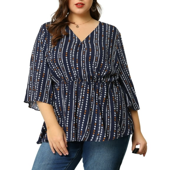 Agnes Orinda Women's Plus Size Boho Striped Peplum Long Sleeve Top 4X Blue