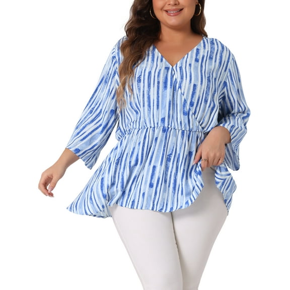 Agnes Orinda Women's Plus Size Boho Striped Peplum Long Sleeve Top 4X Light Blue