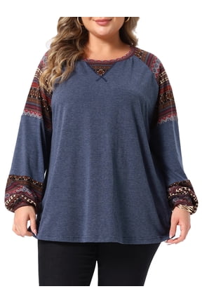 Women's Plus Size Boho Tops Crew Neck Aztec Print Long Sleeve T Shirt Vintage Casual Tunic Blouse 4X Navy Blue