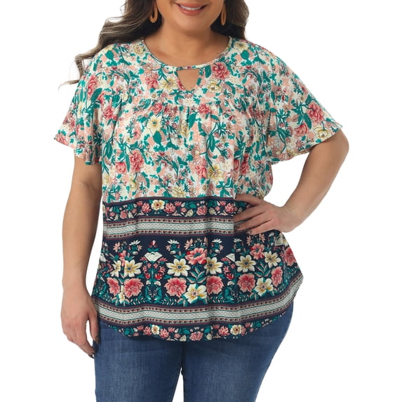 Agnes Orinda Women's Plus Size Boho Tops Floral Keyhole Neck Ruffle Short Sleeve Summer Casual Blouse 1X Beige