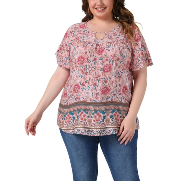 Agnes Orinda Women's Plus Size Boho Tops Floral Keyhole Neck Ruffle Short Sleeve Summer Casual Blouse 1X Pink