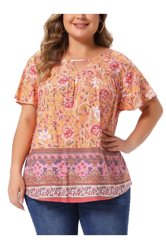 Women's Plus Size Boho Tops Floral Keyhole Neck Ruffle Short Sleeve Summer Casual Blouse 2X Orange