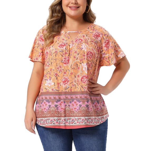 Agnes Orinda Women's Plus Size Boho Tops Floral Keyhole Neck Ruffle Short Sleeve Summer Casual Blouse 4X Orange