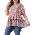 thumbnail image 1 of Agnes Orinda Women's Plus Size Boho Tops Floral Print Button Decor V Neck Short Sleeve Summer Peplum Blouses 4X Pink, 1 of 4