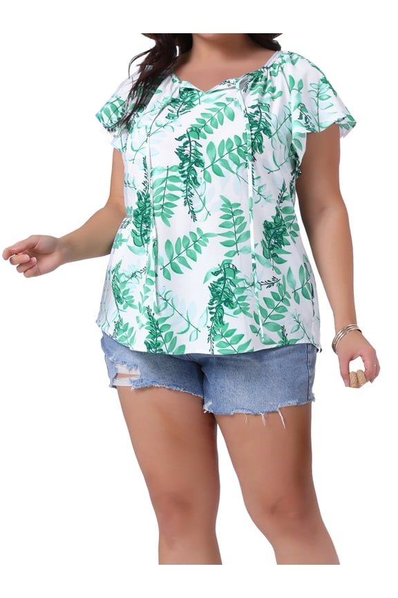 Women's Plus Size Floral Tops Boho Tie V Neck Flutter Short Sleeve Summer Vacation Blouse 1X White Green