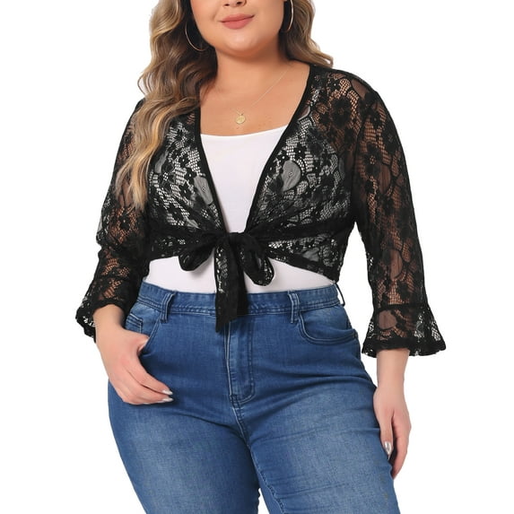 Agnes Orinda Women's Plus Size Bolero Tie Front Hollow Out Lace Crop Shrug