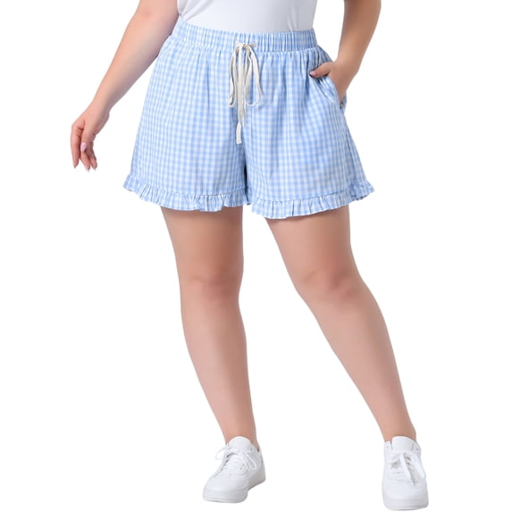 Agnes Orinda Women's Plus Size Boxer Shorts Ruffle Shorts Elastic Waist Drawstring Summer Casual Lounge Cute Short with Pocket 4X Light Blue