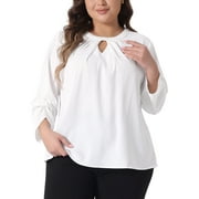 AGNES ORINDA Women's Plus Size Business Work Pleated Blouses Crewneck Keyhole 3/4 Sleeve Tops Office Shirts 1X White