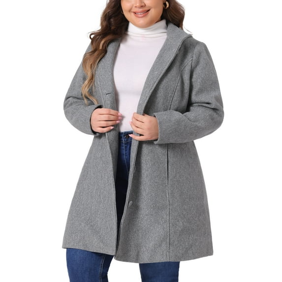 GRACE & GRANDEUR Women's Plus Size Button Detachable Hooded Long Sleeve Elegant Overcoat 1X Grey