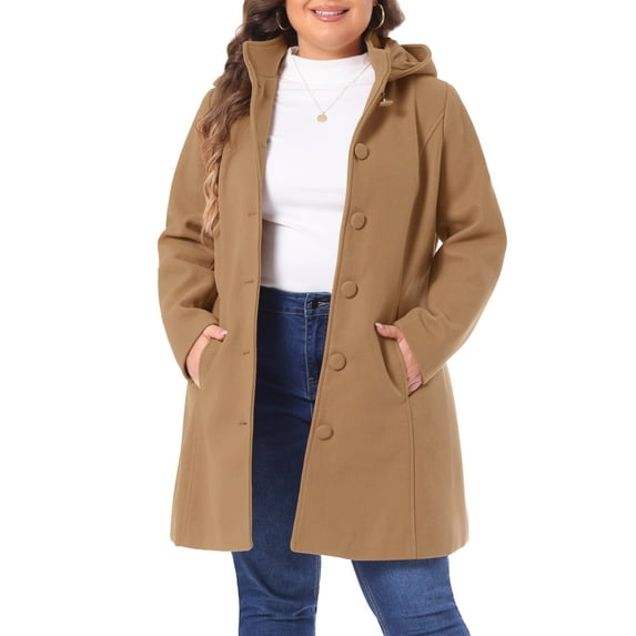 GRACE & GRANDEUR Women's Plus Size Button Detachable Hooded Long Sleeve Elegant Overcoat 3X Camel