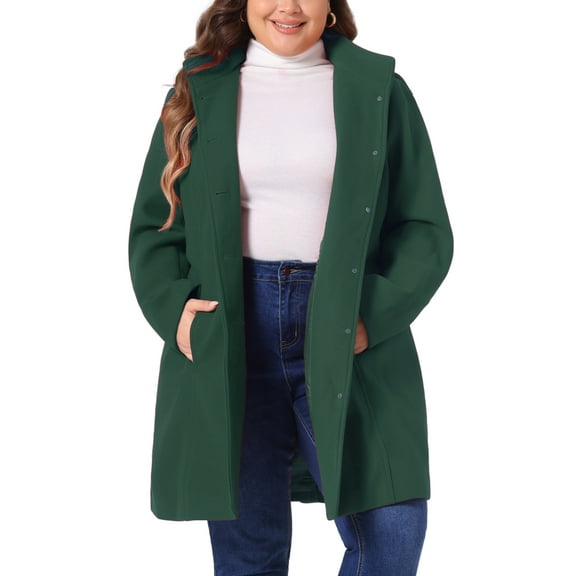 GRACE & GRANDEUR Women's Plus Size Button Detachable Hooded Long Sleeve Elegant Overcoat 4X Dark Green